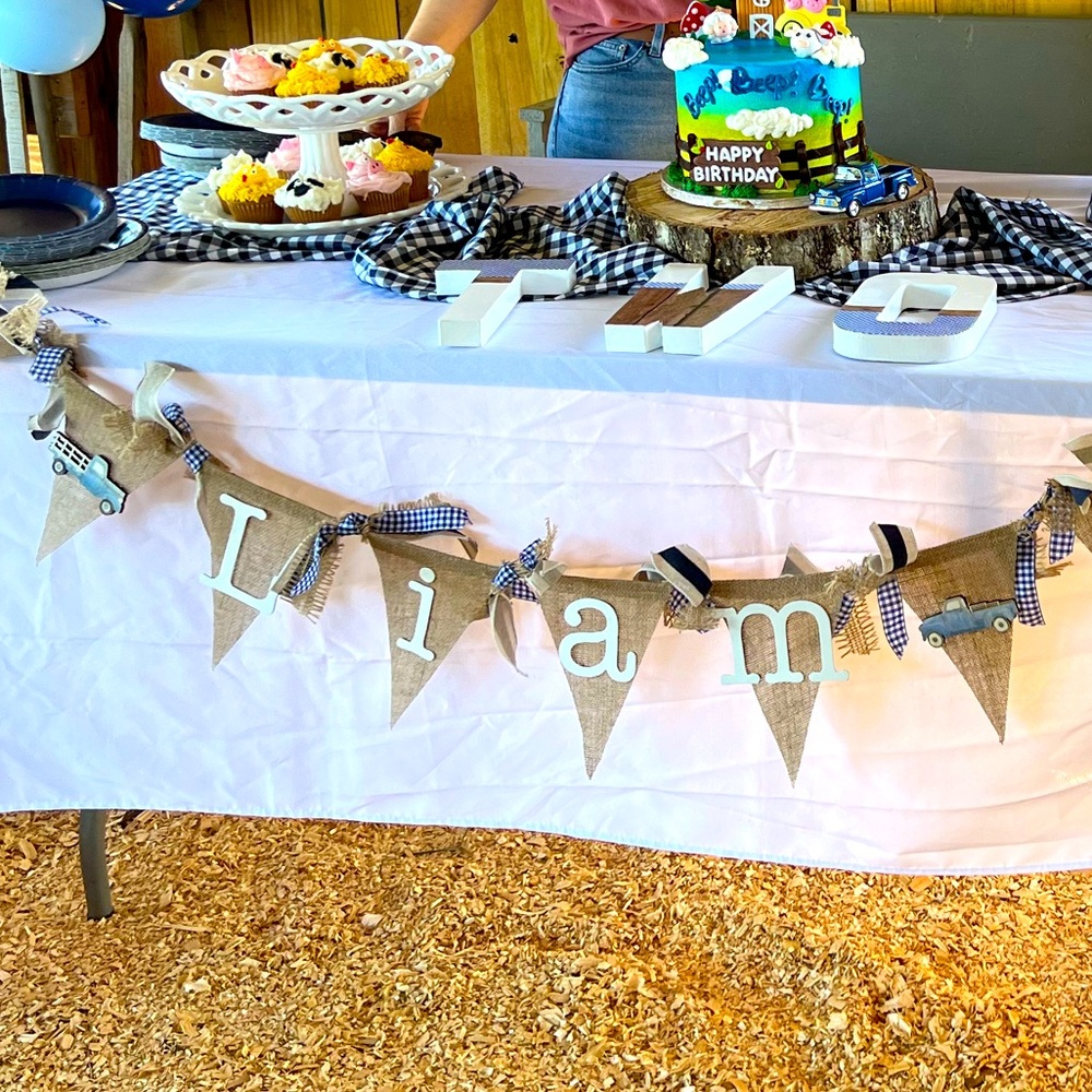 Handmade Birthday Party Banner, LIAM, Little Blue Truck, Farm, Blue Plaid, Boys